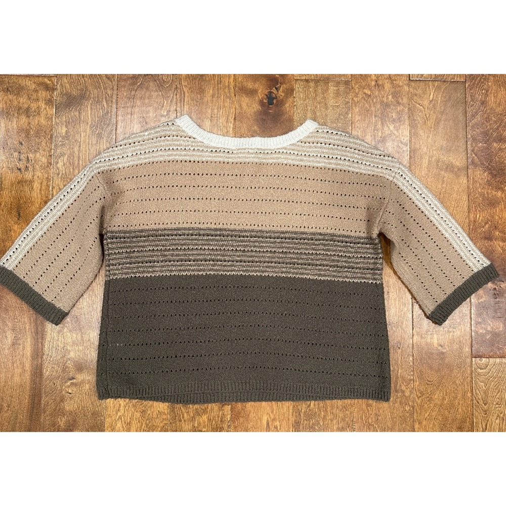 Caslon Striped Crochet Knit Sweater Top Beige Brown 3/4 Sleeve Wool Blend Medium - Picture 3 of 8